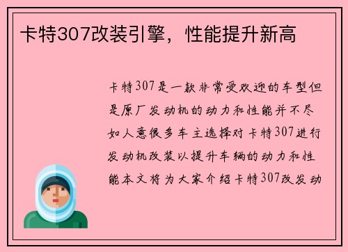 卡特307改装引擎，性能提升新高